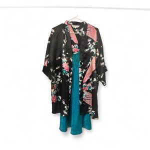 Floral peacock Kimono Robe with Teal Dress Set